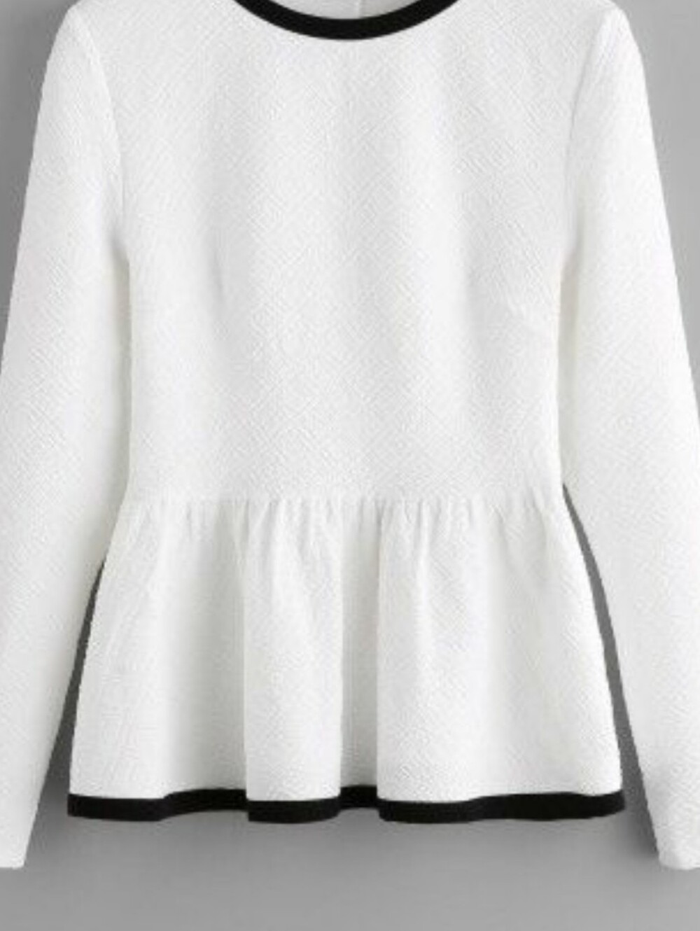 Textured White Peplum Long-Sleeve Top with Black Trim
